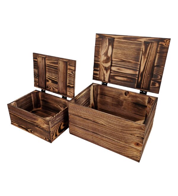 Set of 2 wooden crates with lid - Burnt effect & natural